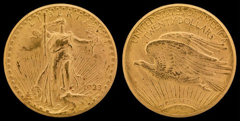 The extremely rare 1933 $20 Gold Eagle coin. The obverse features Lady Liberty full body frontal view with the word "Liberty" on the top and "1933" on the bottom right. The reverse features a full body profile of an eagle in flight.