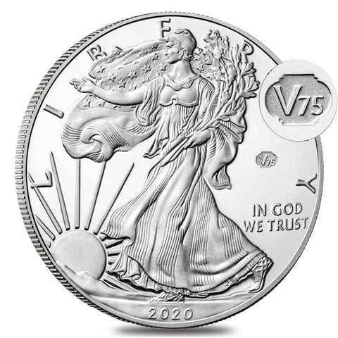 American Silver Eagle V75. A regular proof silver eagle obverse, but with a V75 privy mark to the right of walking liberty.
