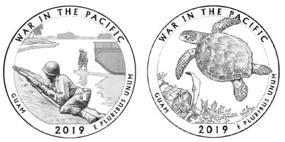 2019 West Point War in the Pacific Quarter. A soldier prone on a beach & a turtle swimming in the ocean. 