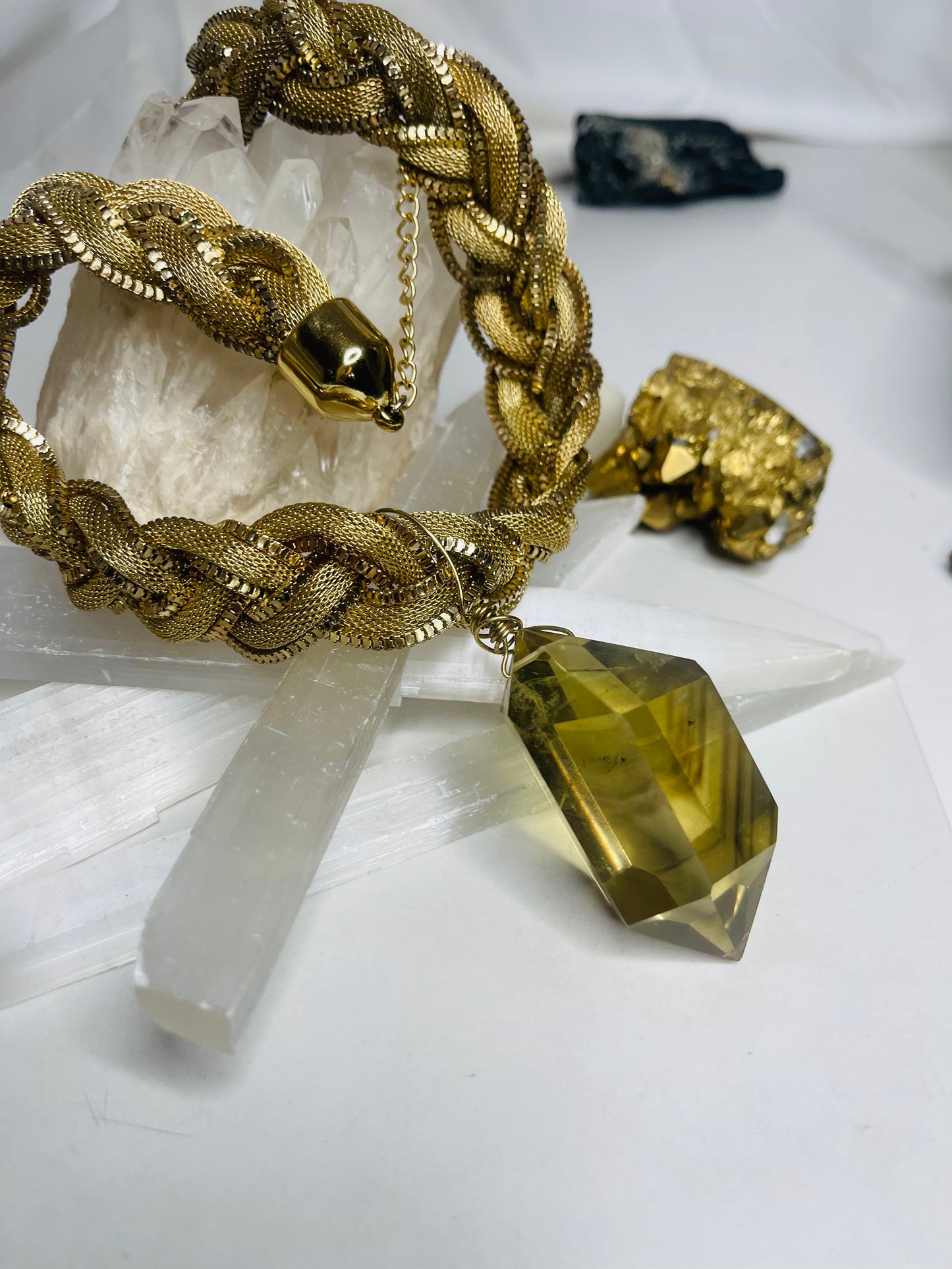 Chevron Inclusions Gem Cut & Very Rare Citrine Hand wrapped on vintage chain
