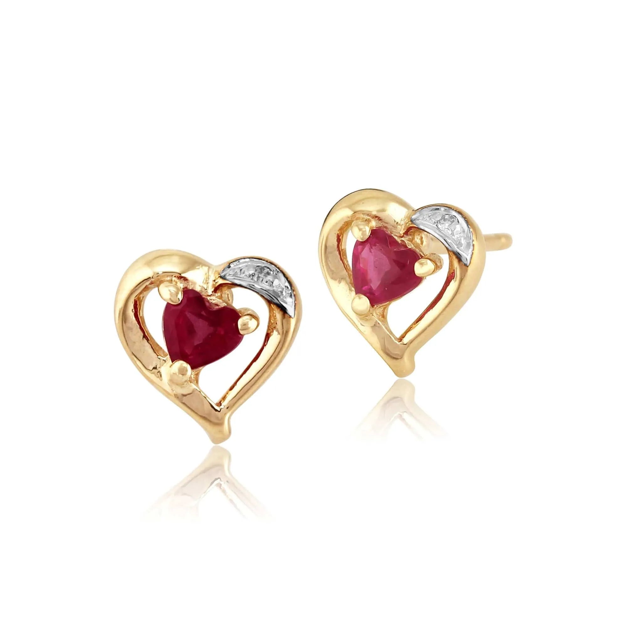Product photograph of Classic Heart Ruby Diamond Stud Earrings In 9ct Yellow Gold from Gemondo Jewellery