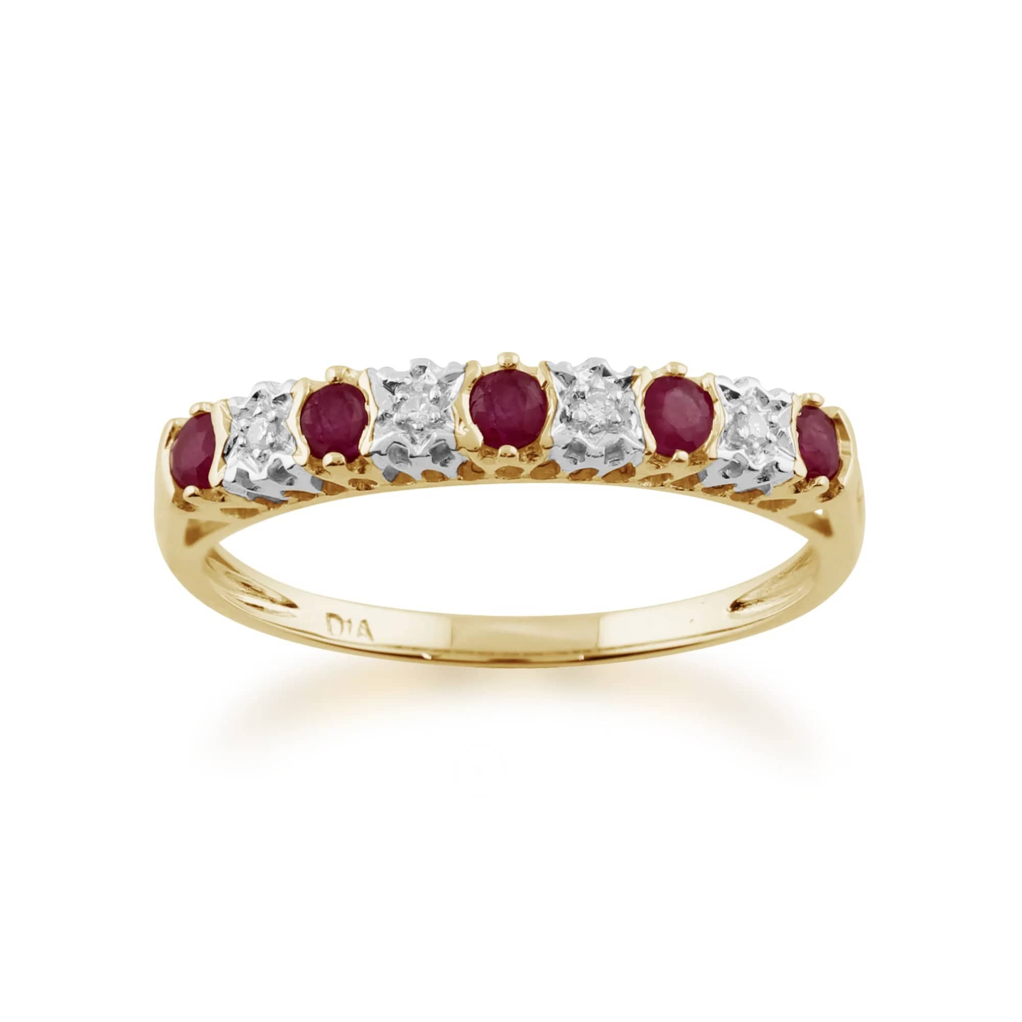 Product photograph of Classic Ruby Diamond Half Eternity 9ct Yellow Gold Ring from Gemondo Jewellery
