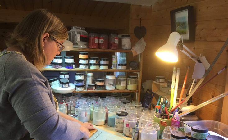 Fused glass artist, Claire Harris, working in her Cornwall studio