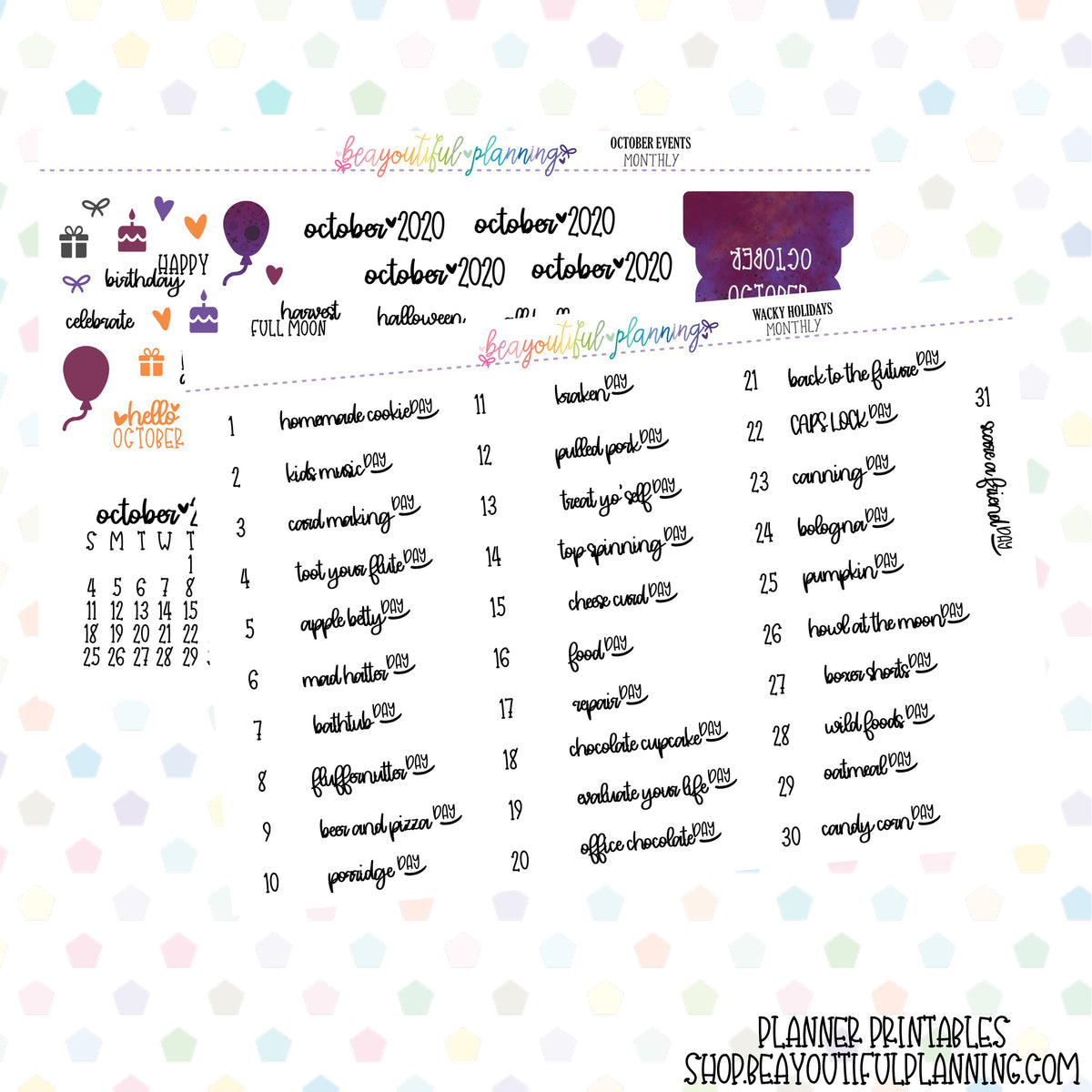 October 2020 Monthly Holiday Printable – BEaYOUtiful Planning