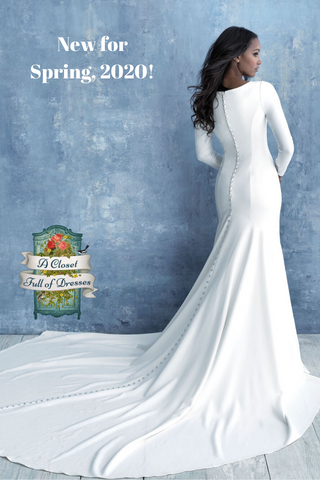 M636 gorgeous crepe train modest wedding dress with long sleeves plus size boho LDS temple bridal