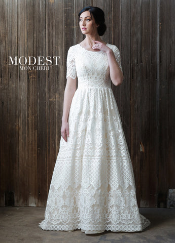 Modest by Mon Cheri TR21864 all lace modest wedding dress with sleeves conservative bridal gown