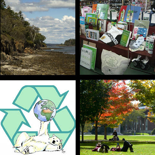 Montage of 4 images: Maine coast, the front window display at the SU Bowdoin Store, an illustration of a polar bear holding up the earth, and college students lounging on the Main Quad on a sunny fall afternoon.