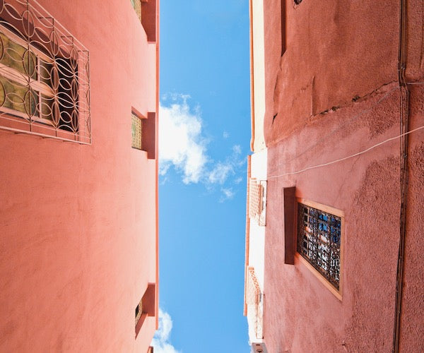 Pink buildings against blue sky in Morocco