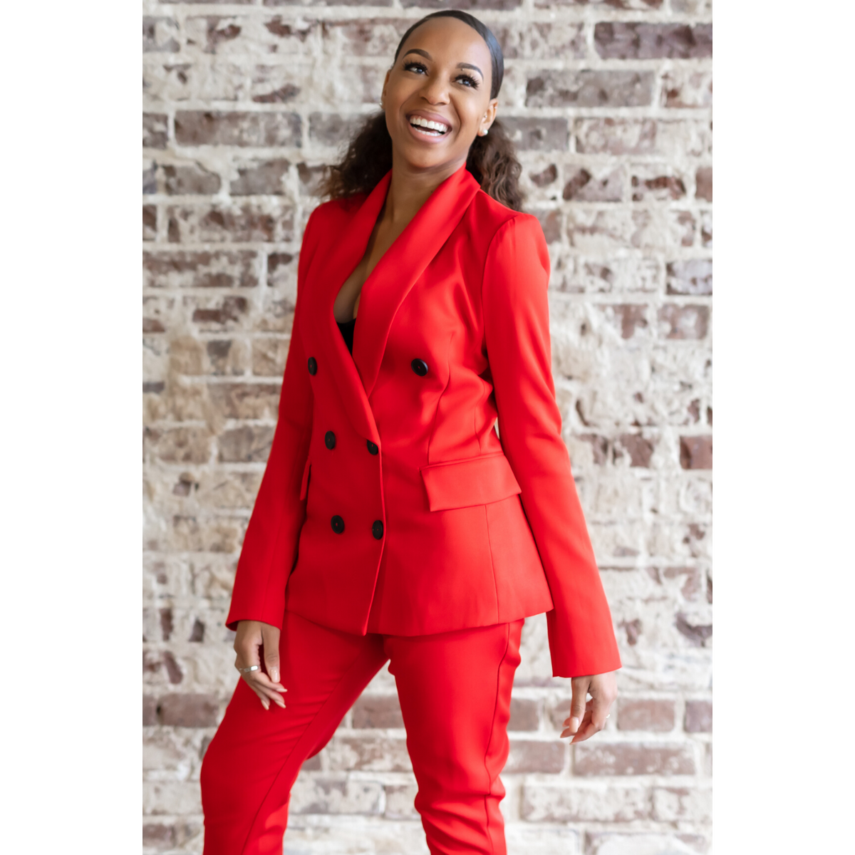 red blazer pant suit