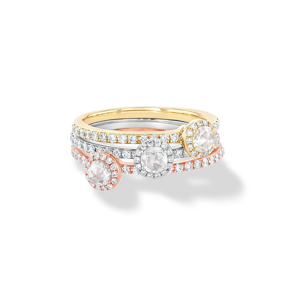 64Facets Scallop Diamond Solitaire Rings in 18K White, Rose and Yellow Gold