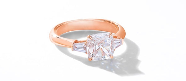 64Facets Bespoke Engagement Ring with Baguette Side Stones in 18K Rose Gold