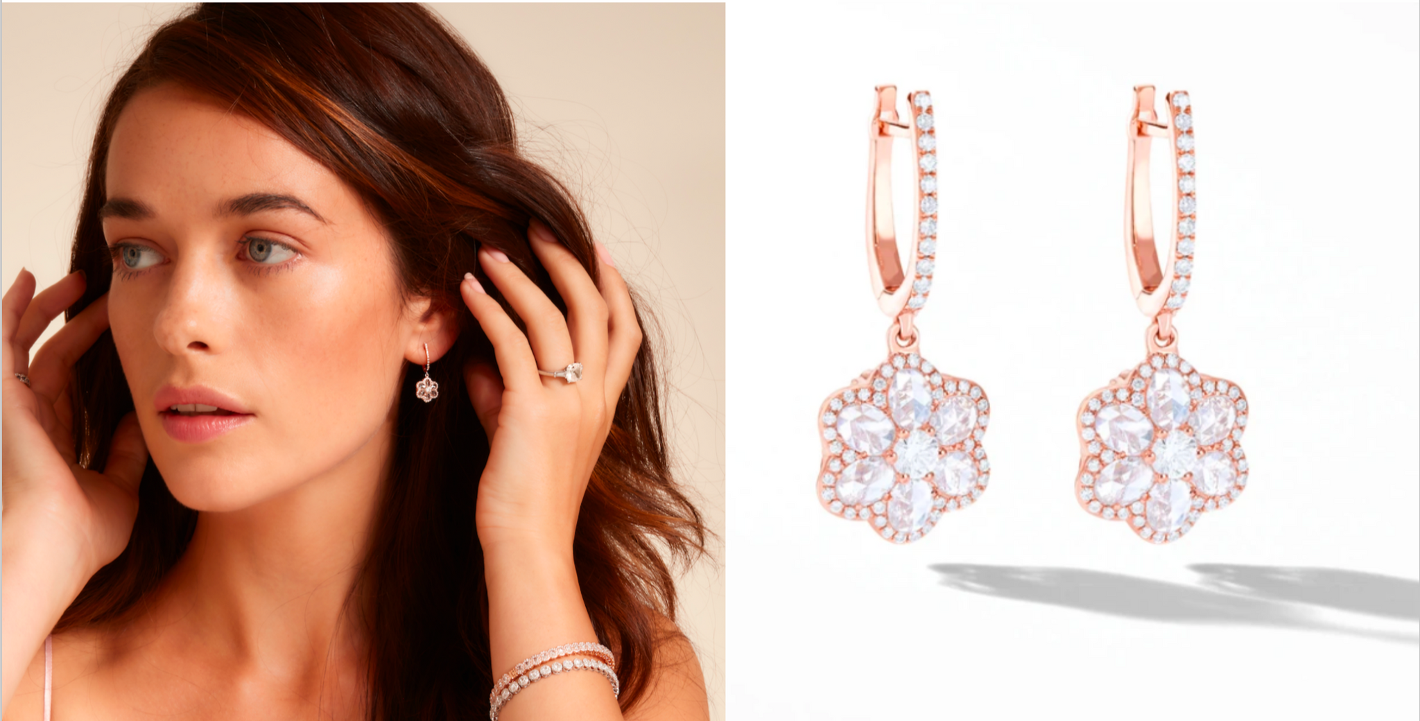 Model wearing floral diamond earrings