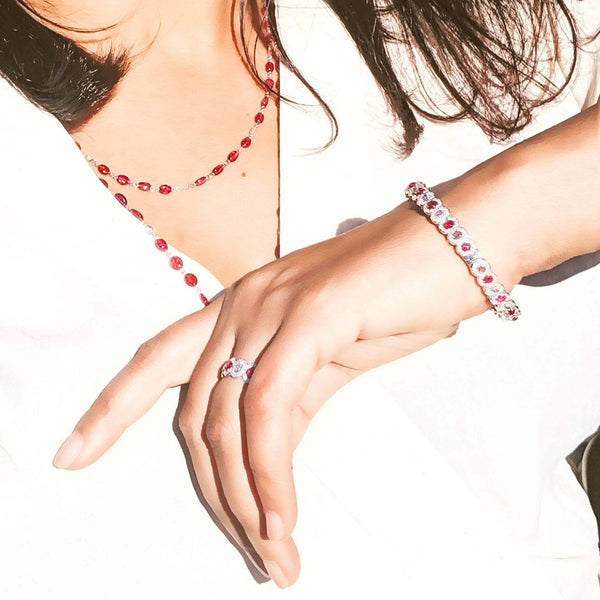 Elements Ruby and Diamond Necklace and Ruby and Diamond Bangle worn on model
