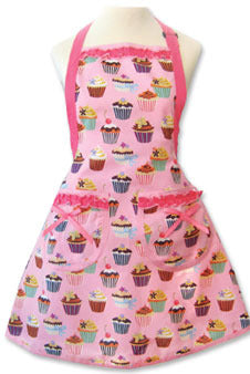 Large frosted cupcake apron in pink with cupcakes and pink frills