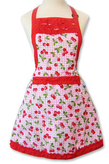 retro apron for larger ladies with cherries on red gingham fabric