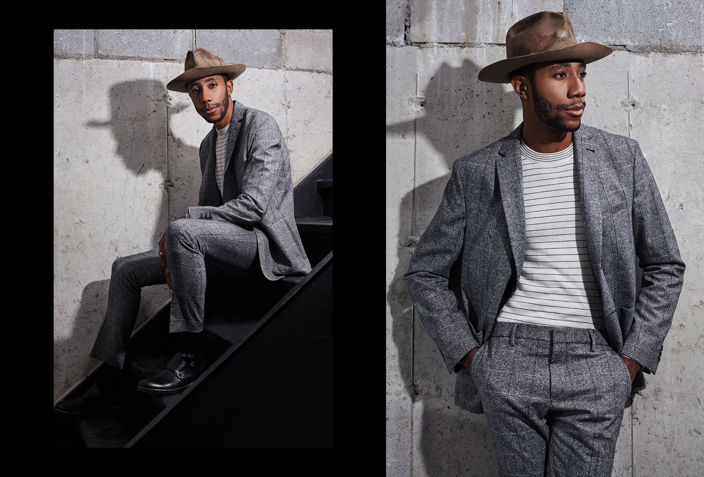 La Touche wears the Salt and Pepper Blazer and Trouser in Grey.