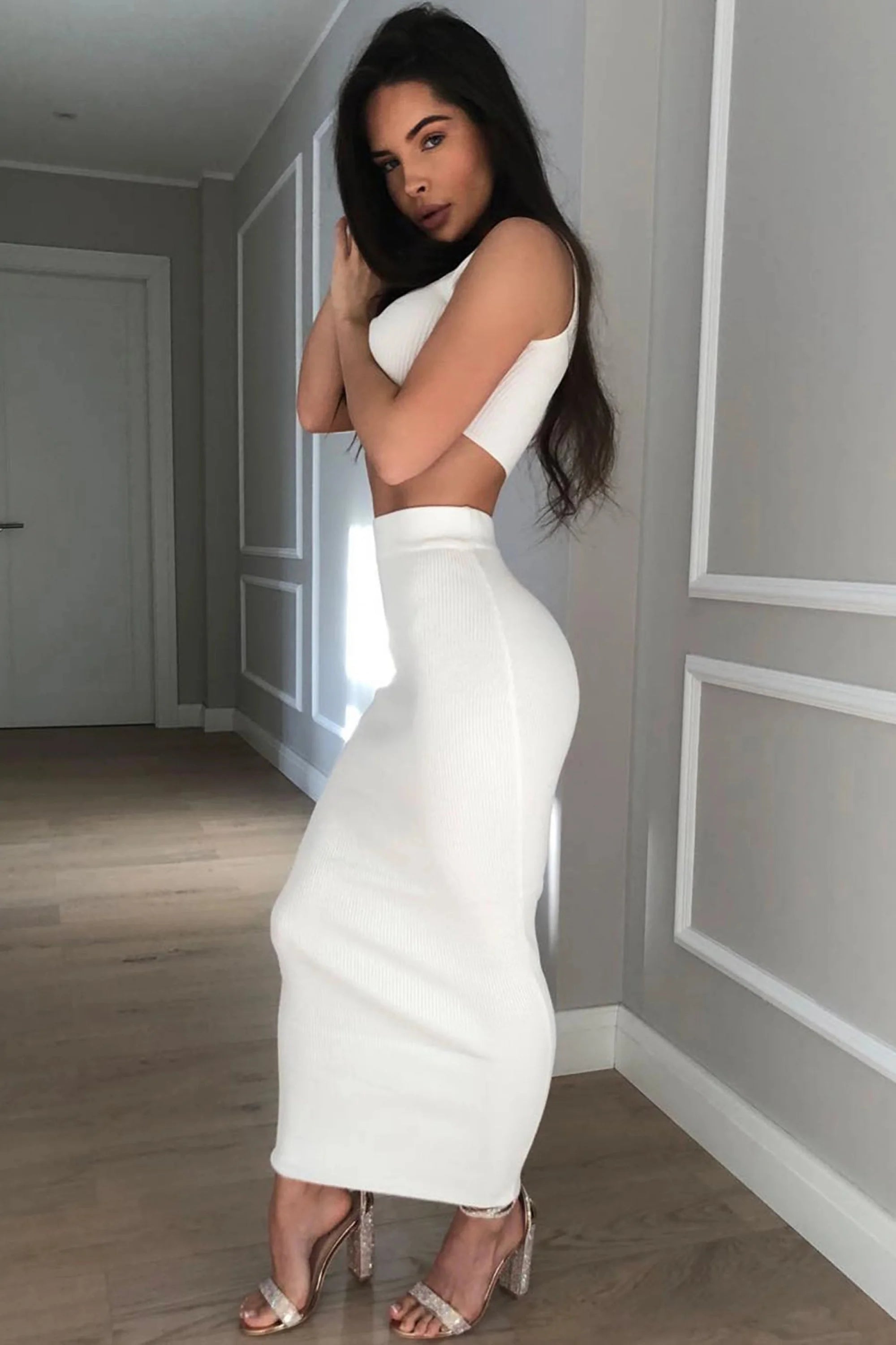 White Ribbed Two Piece Top Skirt Set – IRHAZ