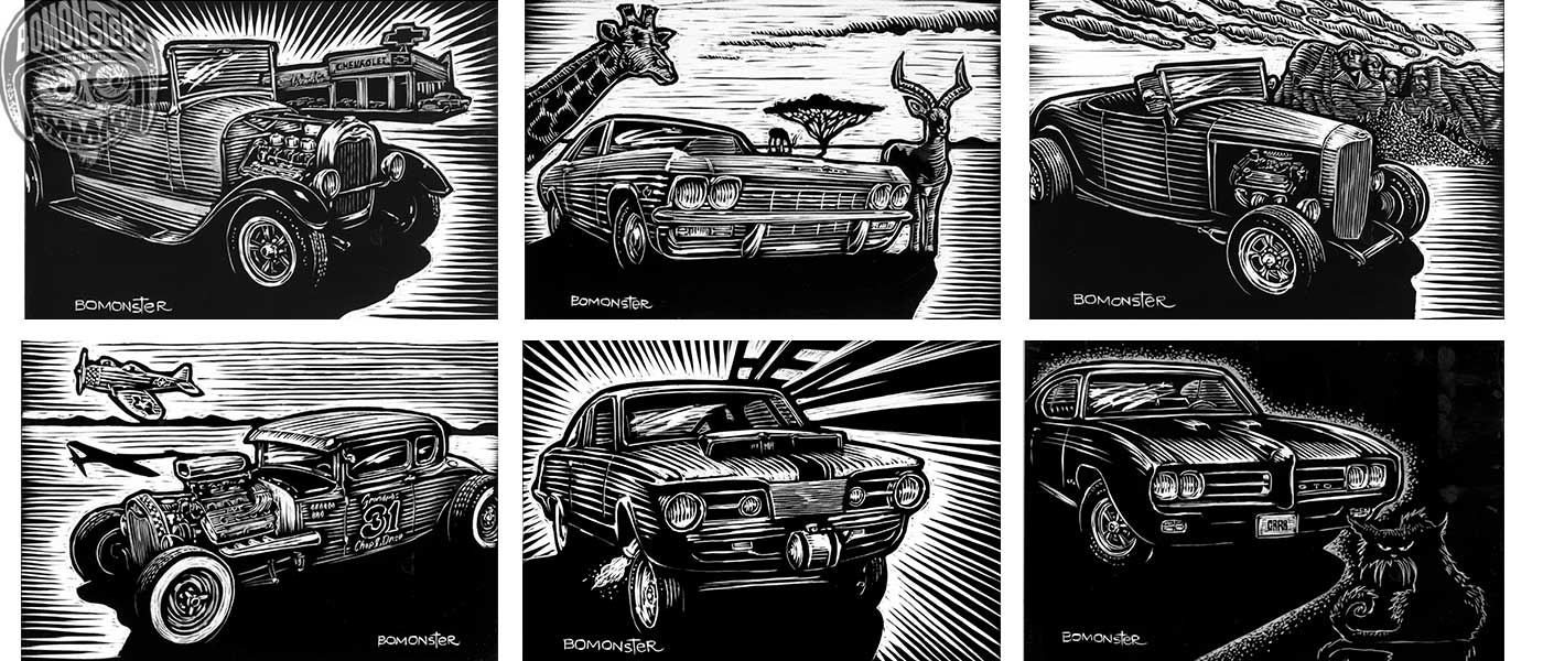 bomonster scratchboard renderings of cool cars