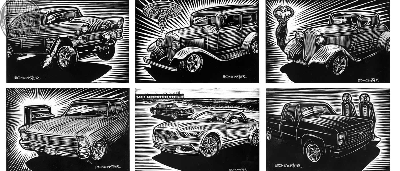 scratchboard drawings of cool cars by bomonster