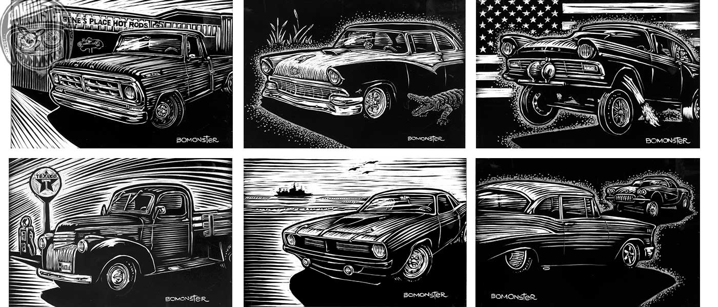scratched cars by bomonster the scratchboard artist