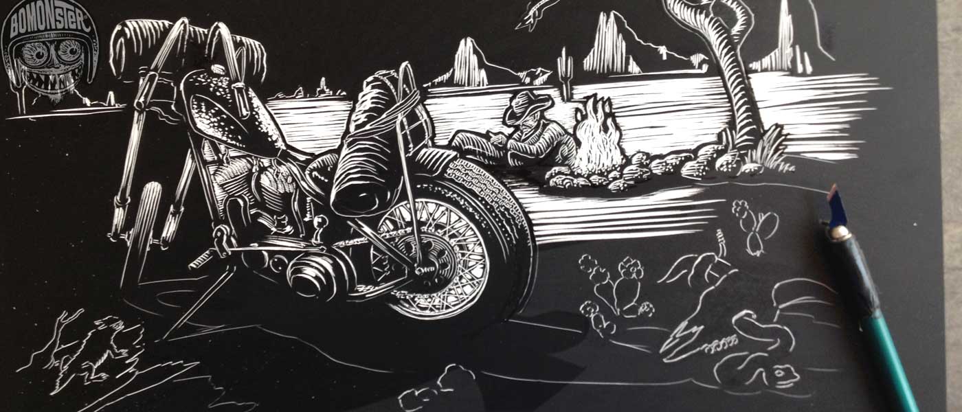 bomonster hand scratched motorcycle image