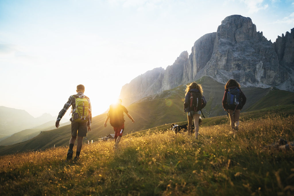 a group of friends hiking in mountains at sundown