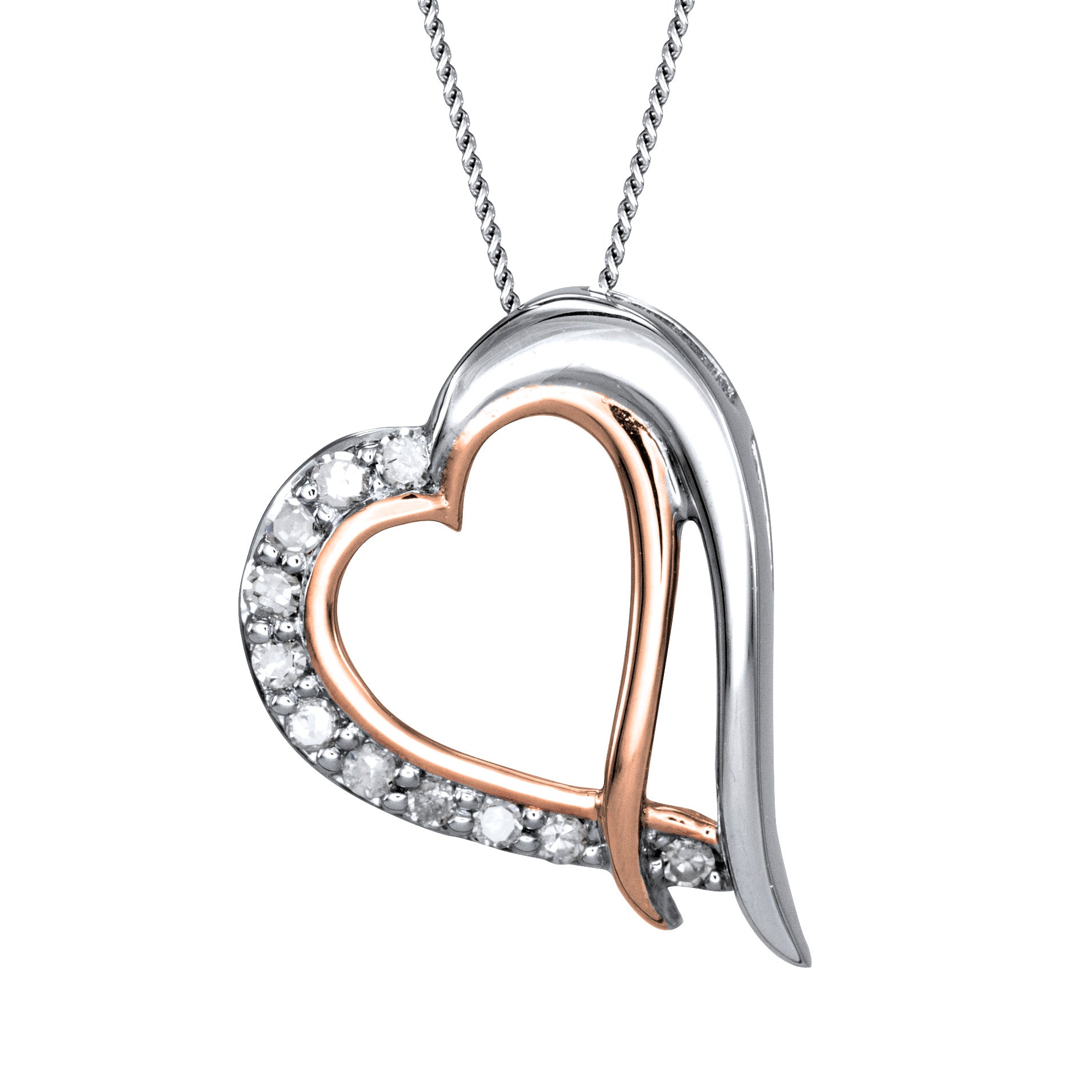 Two-Tone Double Heart Diamond Necklace in 10K White and Rose Gold (0.075ct  tw)