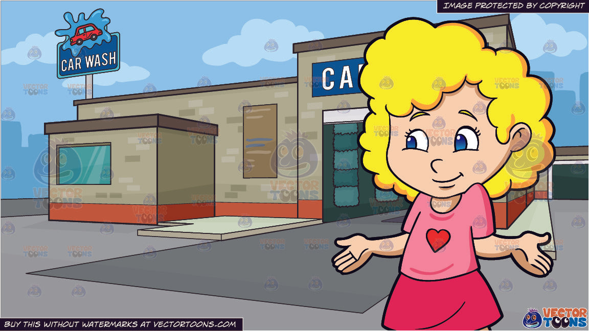 A Bashful Preschool Girl With Curly Hair And A City Auto Car Wash