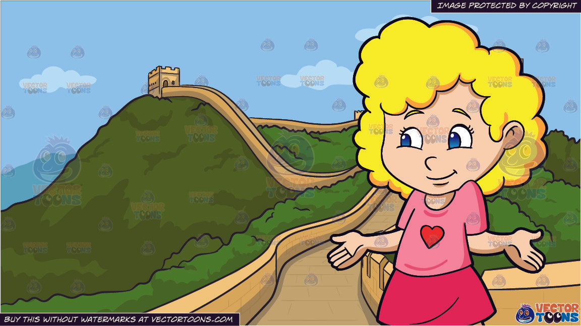 A Bashful Preschool Girl With Curly Hair And The Great Wall Of