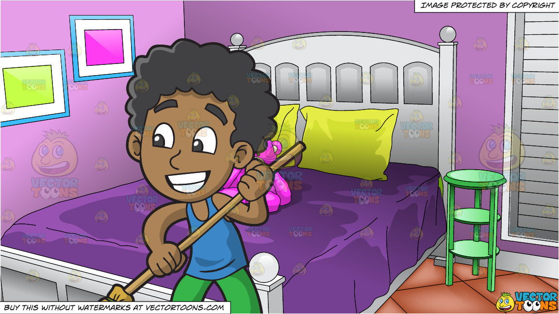 A Black Boy Sweeping The Floor And Young Girls Bedroom Background