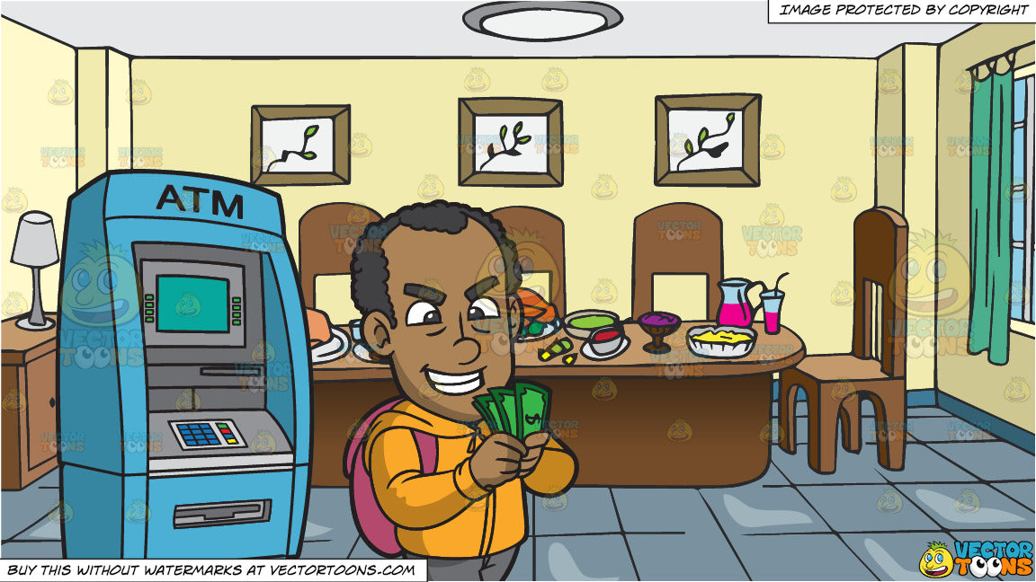 A Black Guy Counting Money After Withdrawing From A Bank Machine And A Dining Room Table Full Of Food Background