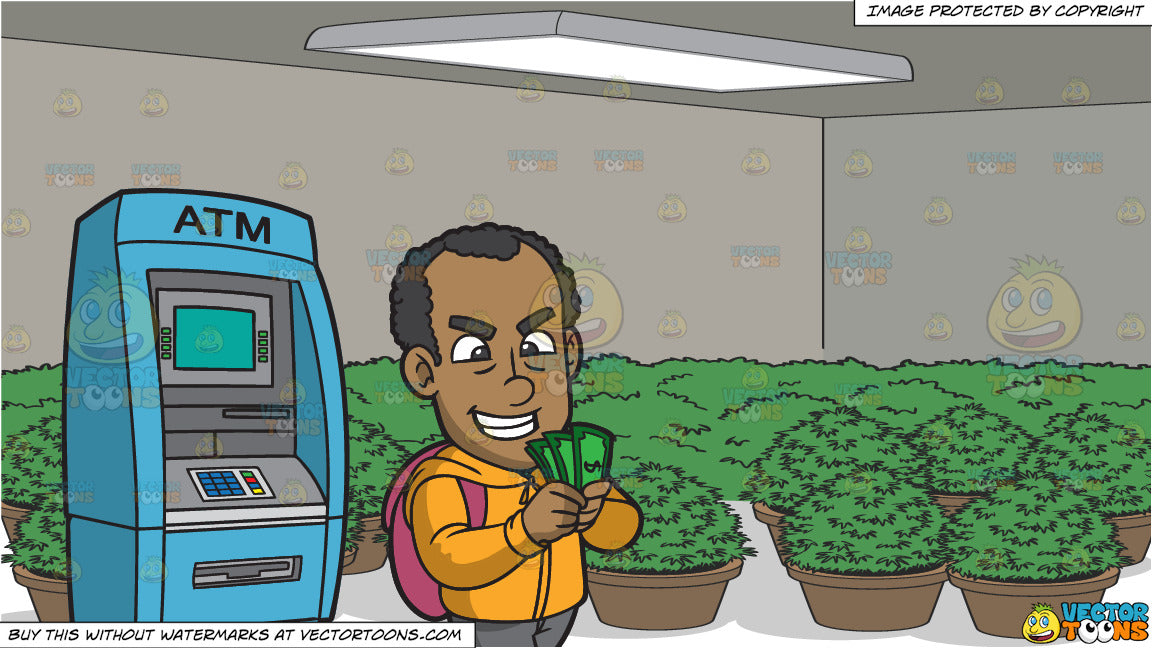 A Black Guy Counting Money After Withdrawing From A Bank Machine And A Grow Room Full Of Potted Plants