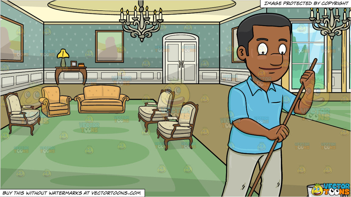 A Black Man Mopping The Floor And A Castle Drawing Room Background