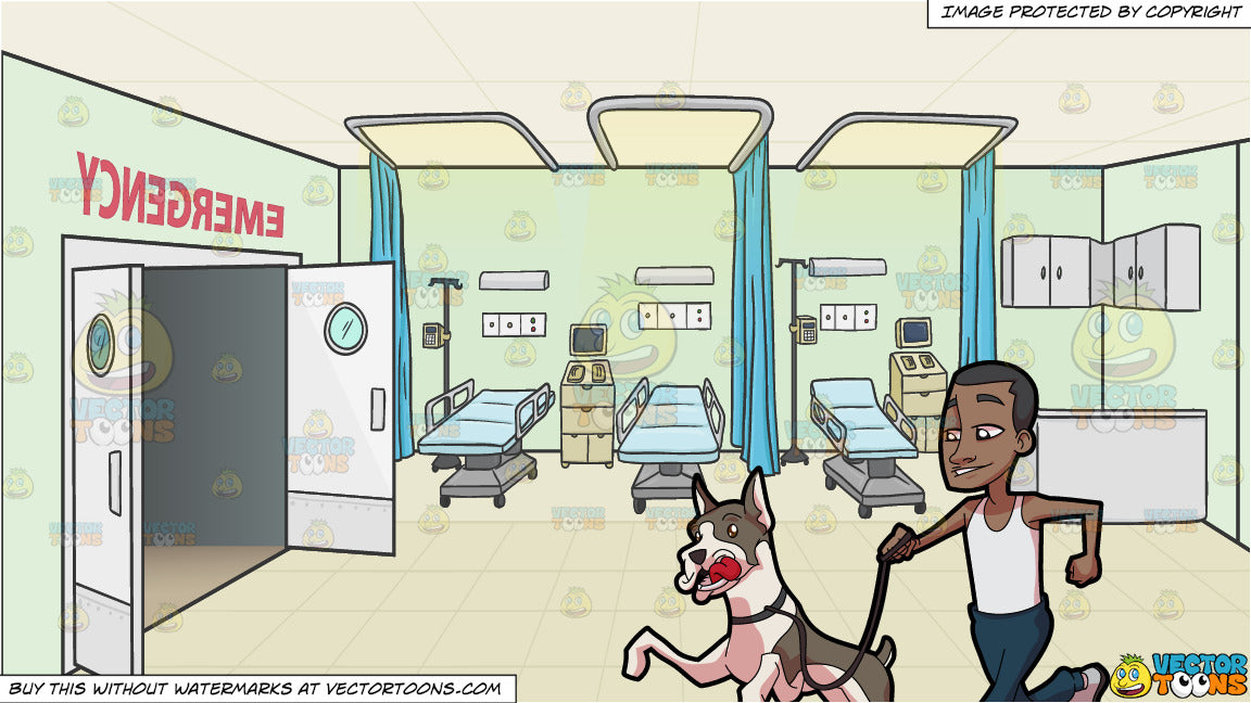 A Black Man Running With His Pet Dog And Hospital Emergency Room Background