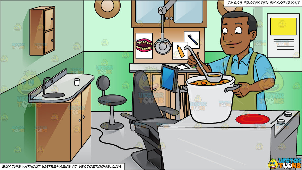 A Black Man Tasting His Homemade Soup And Inside A Green Dental Room Clipart Cartoons By Vectortoons