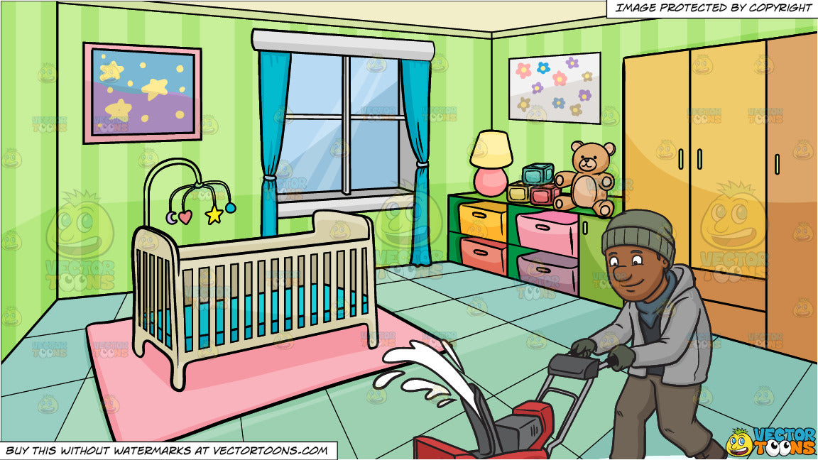 A Black Man Using A Snow Blower To Clean The Road And A Bedroom Of A Baby Background