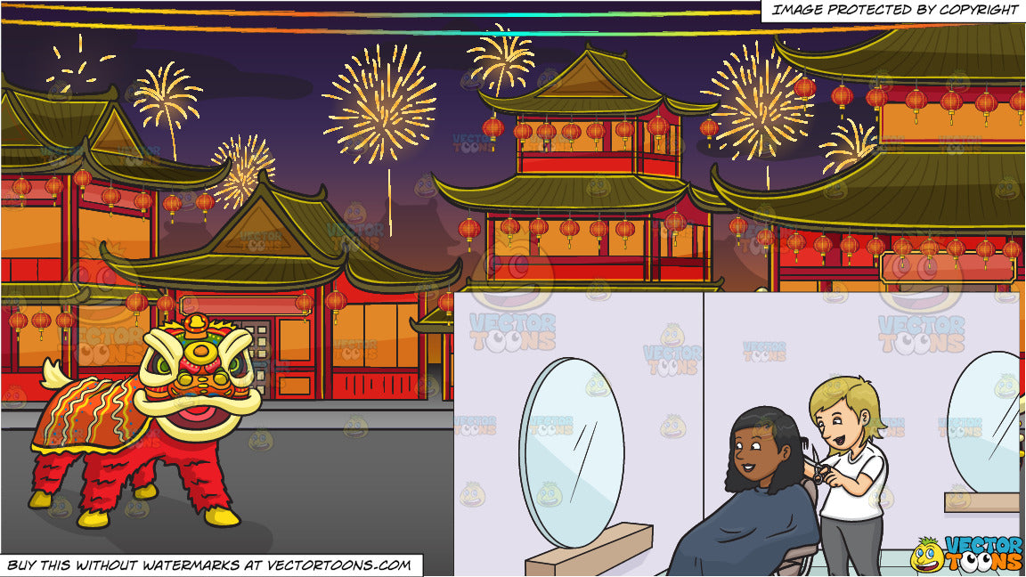 A Black Woman Getting A Haircut And Chinese New Year Background