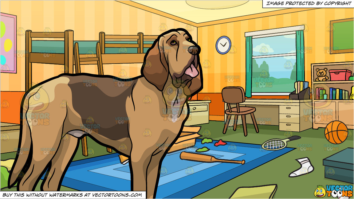 A Bloodhound Pet Dog And Messy Kids Bedroom Background