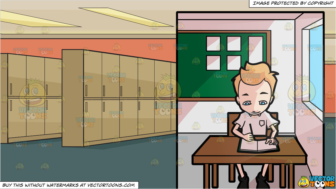 A Boy In School Focuses On Writing Notes And Inside A Nice Locker Room Background