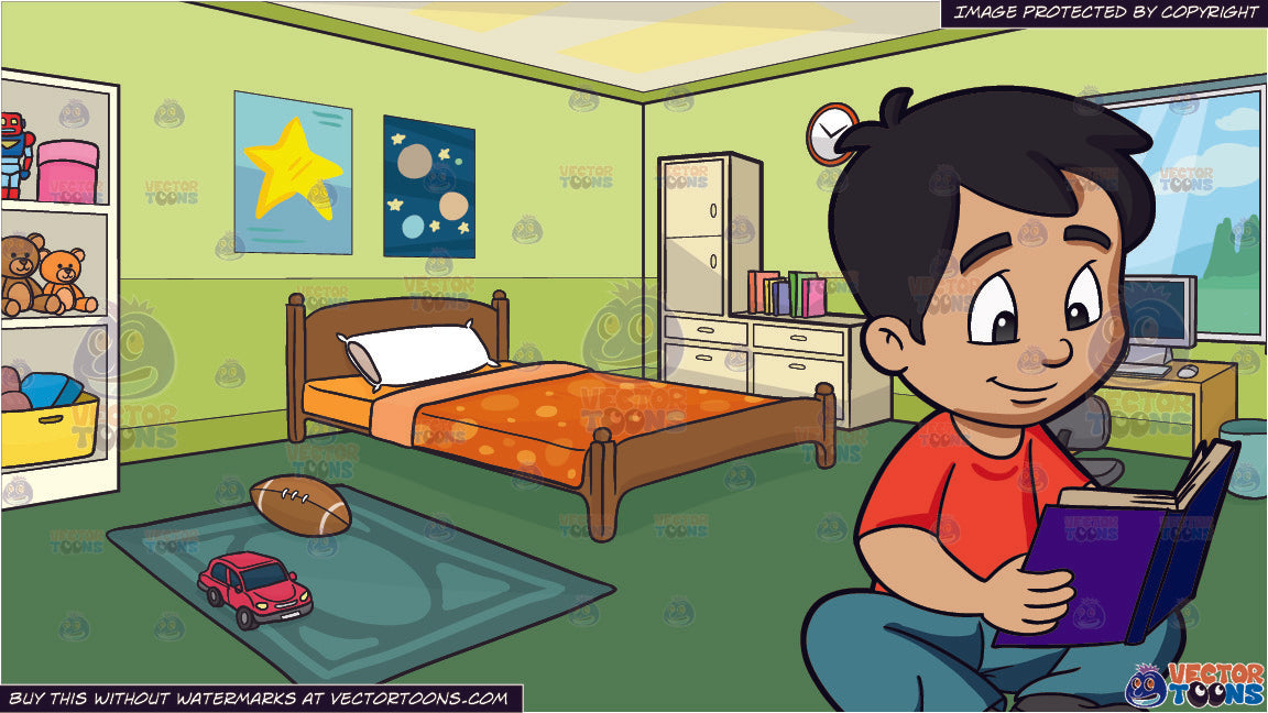 A Boy Reading A Novel And An Organized Childs Bedroom Background