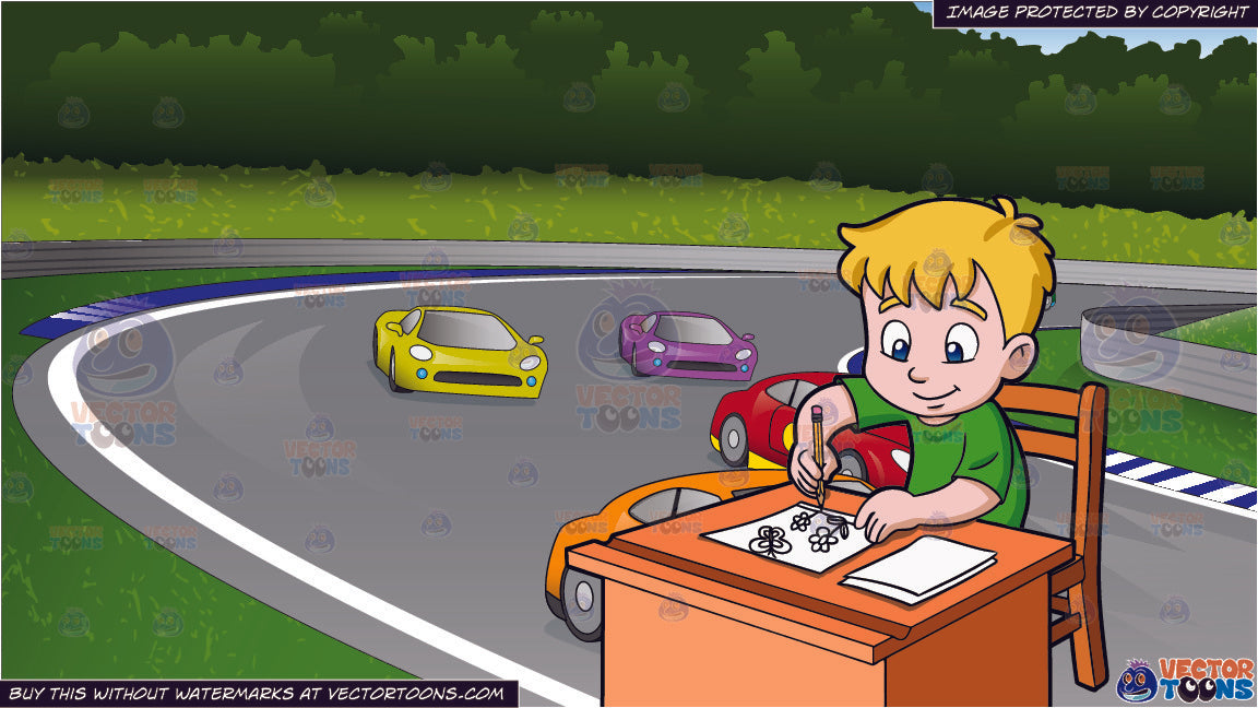 A Boy Sketching Flowers On Paper And Car Race Track Background
