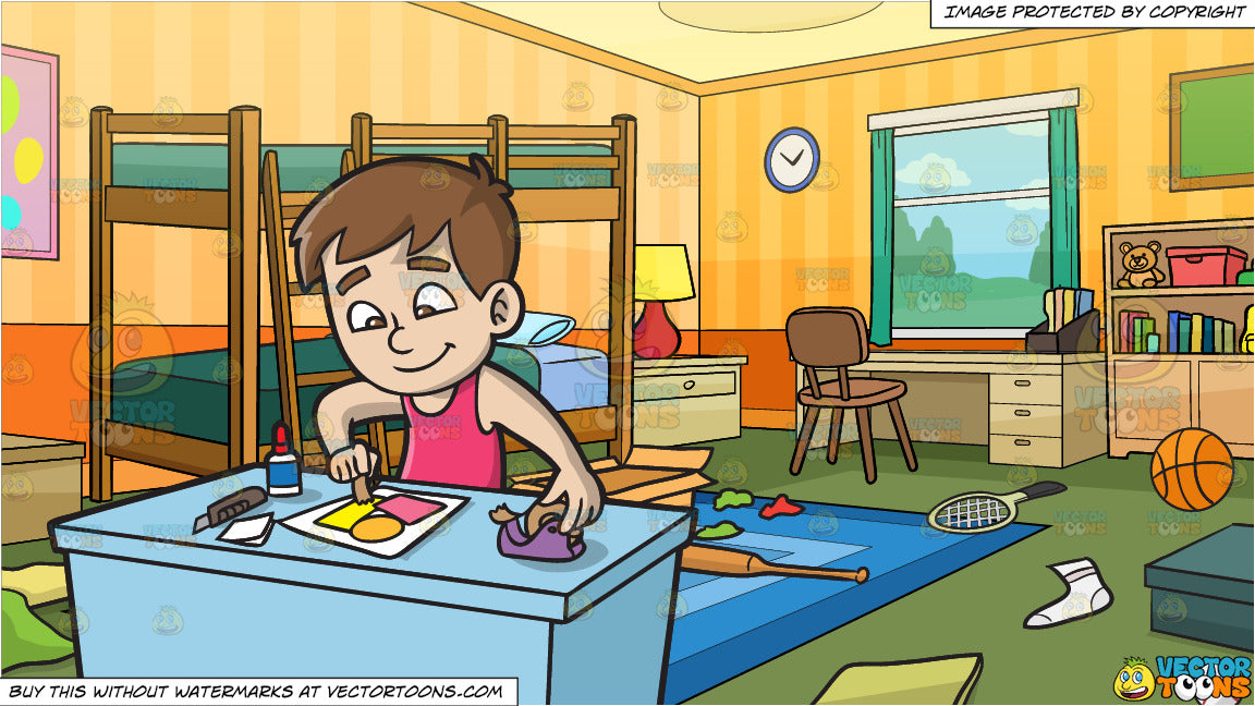 A Boy Taping Scrapbook Sheets And Messy Kids Bedroom Background