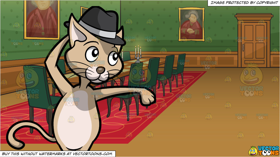 A Cat Dancing Like Michael Jackson And A Grand Dining Room In A Castle Background