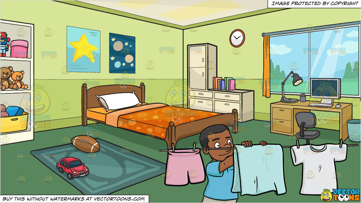 A Cheerful Black Man Hanging Garments To Dry On A Bright Day And An Organized Childs Bedroom Background