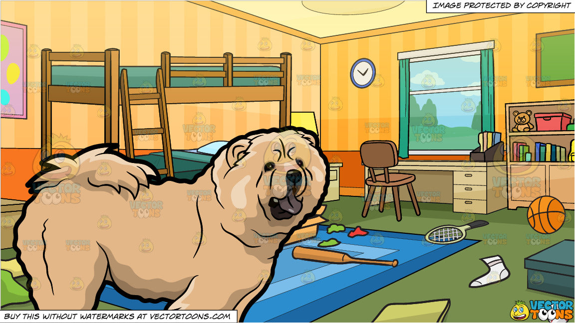 A Chow Chow Dog And Messy Kids Bedroom Background