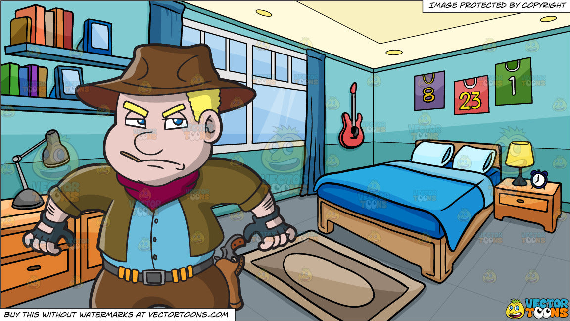 A Chubby Cowboy Ready To Draw A Gun And A Bedroom Of A Boy Background