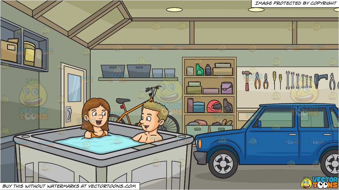 A Couple Chats While Enjoying Their Hot Tub Dip And The Inside Of A Home Garage Background