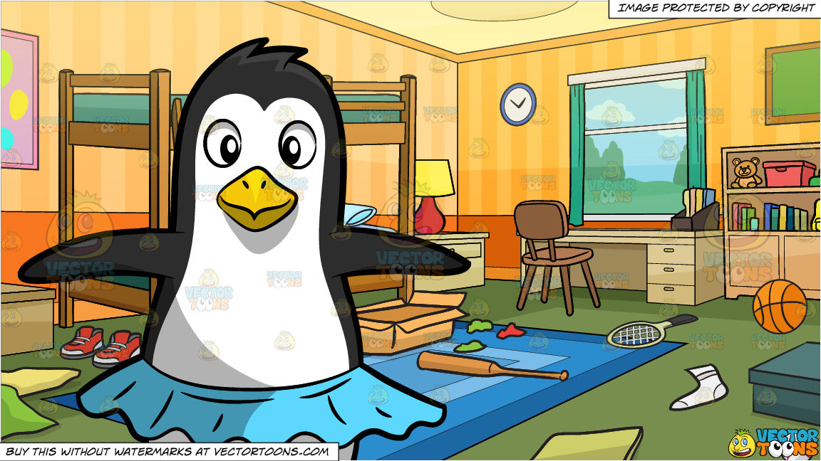 A Dancing Penguin And Messy Kids Bedroom Background