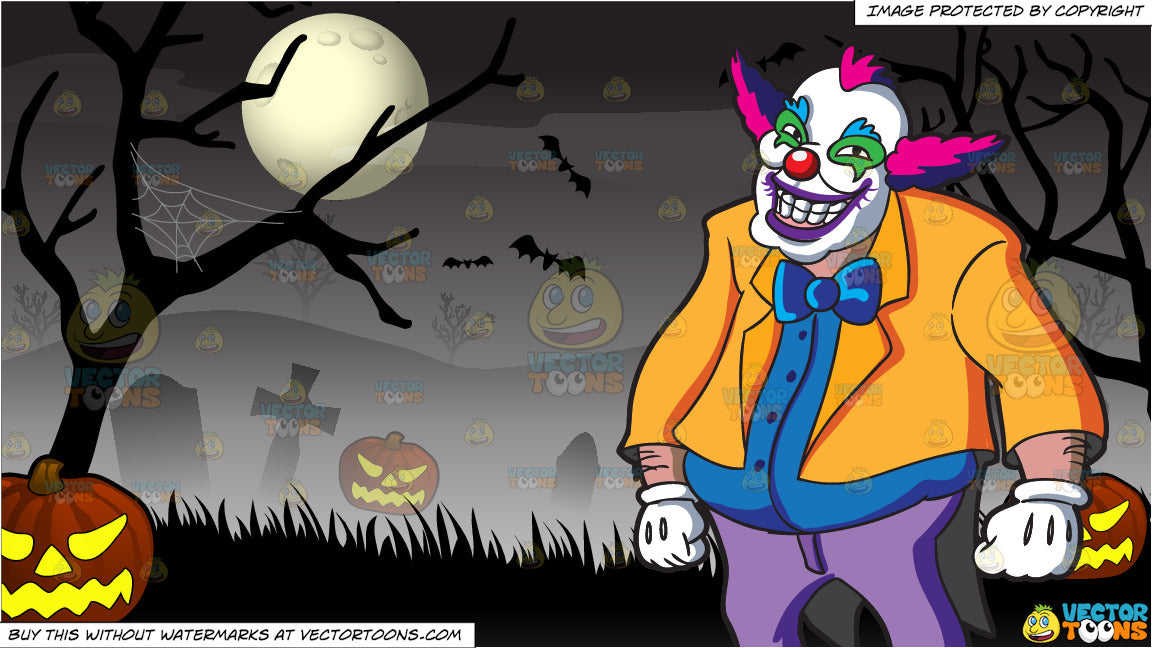 A Fat Creepy Clown And Spooky Graveyard Halloween Background Clipart Cartoons By Vectortoons