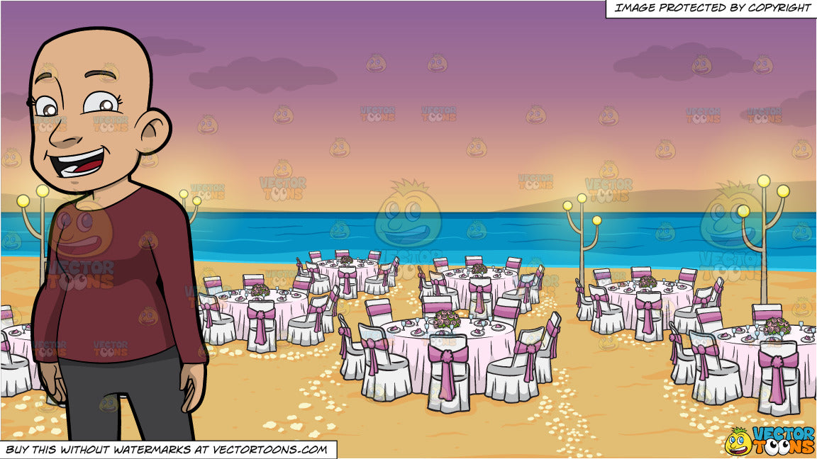 A Funny Bald Woman And A Beach Wedding Reception Background